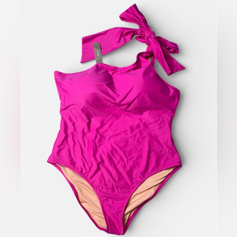 J.Crew Pink Bow Tie One Shoulder One Piece Swimsuit‎ brand new plus size 18 2x - Picture 2 of 7